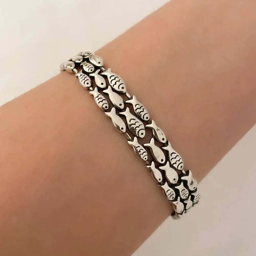 925 Sterling Silver Cuff Bracelet School of Fish Bracelet Silver Bangle Bracelet